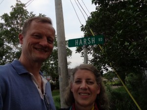 During West Ohio Annual Conference at Lakeside, Ohio, Les and Debbie (Harsh) Dornon visit Harsh Road — named for some long-forgotten relative of Debbie’s, perhaps?