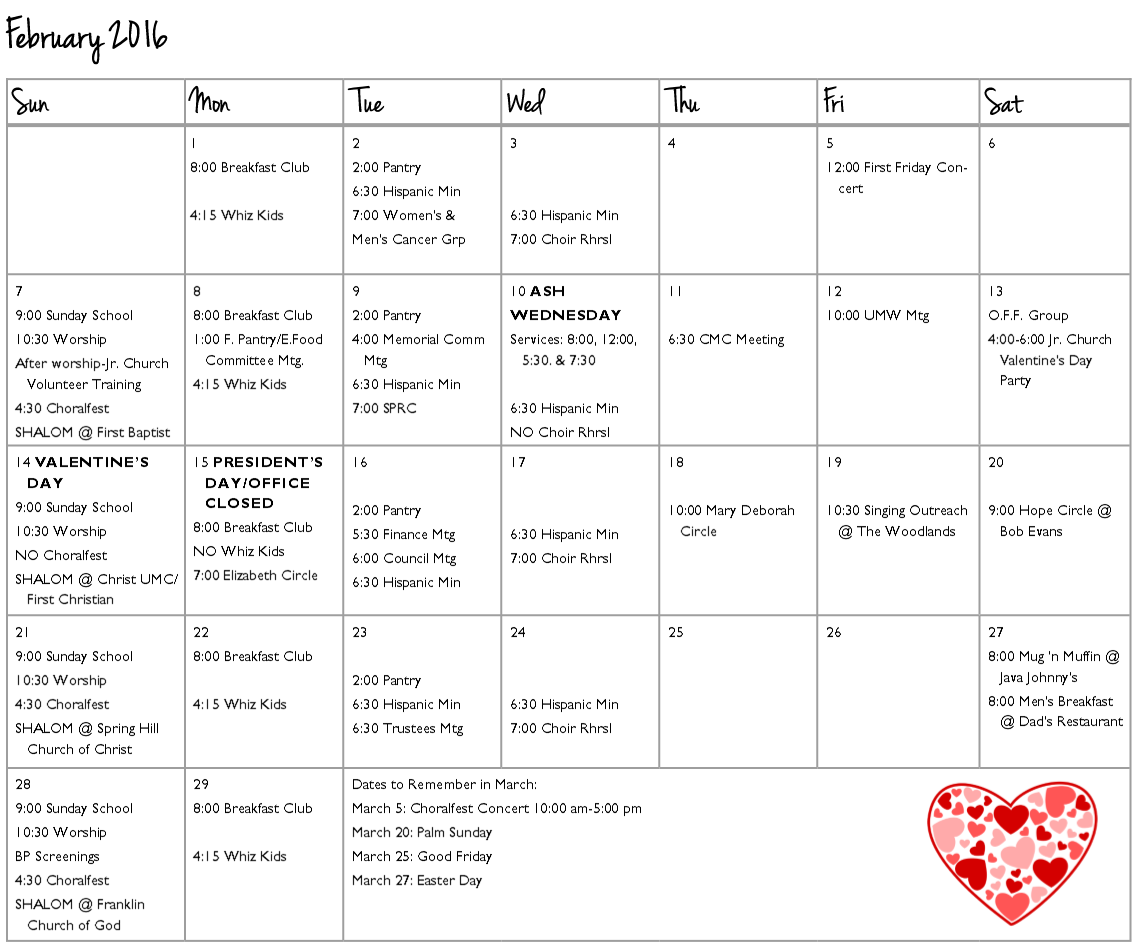 Feb2016 calendar